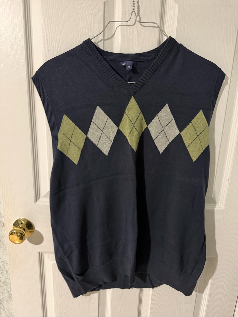 GAP Navy Argyle V-Neck Sweater Vest with Green and Light Gray Diamonds